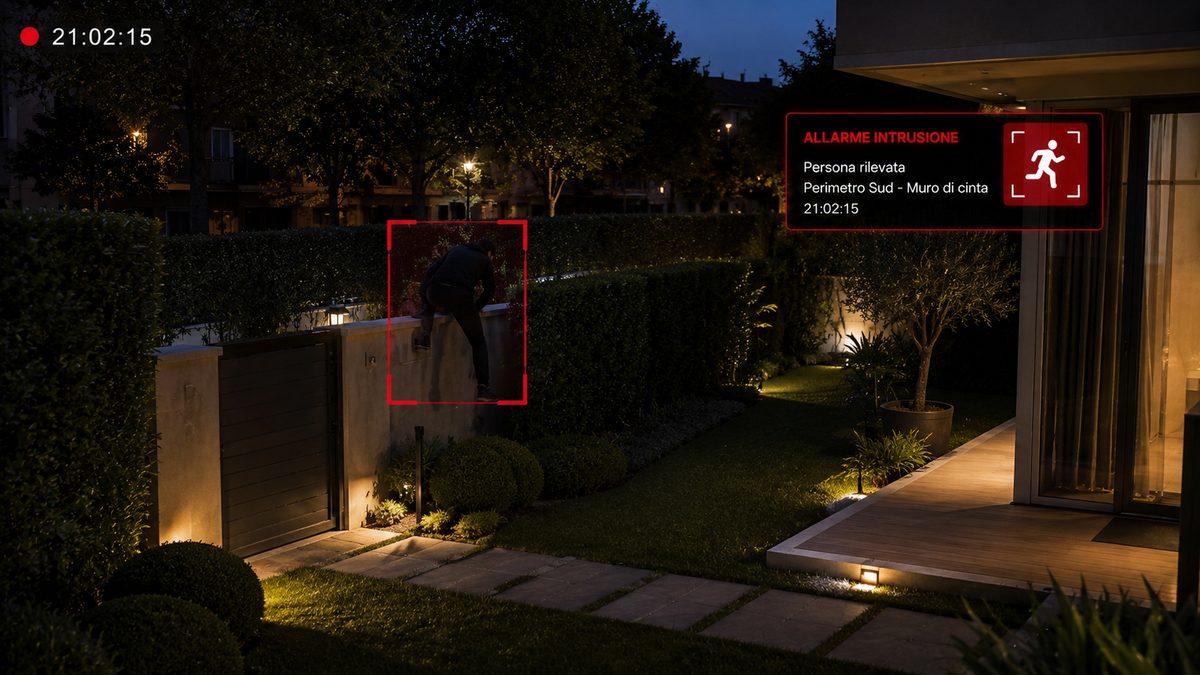 Allarme intrusione con persona rilevata in giardino