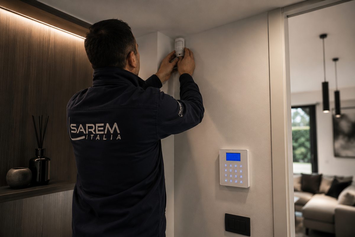 Tecnico SAREM installa un rilevatore a doppia tecnologia