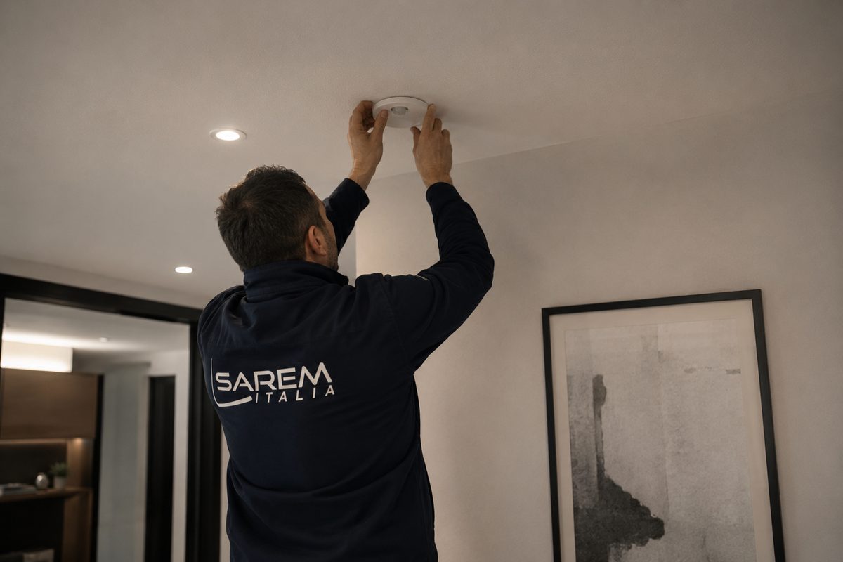 Tecnico SAREM installa un sensore volumetrico a soffitto