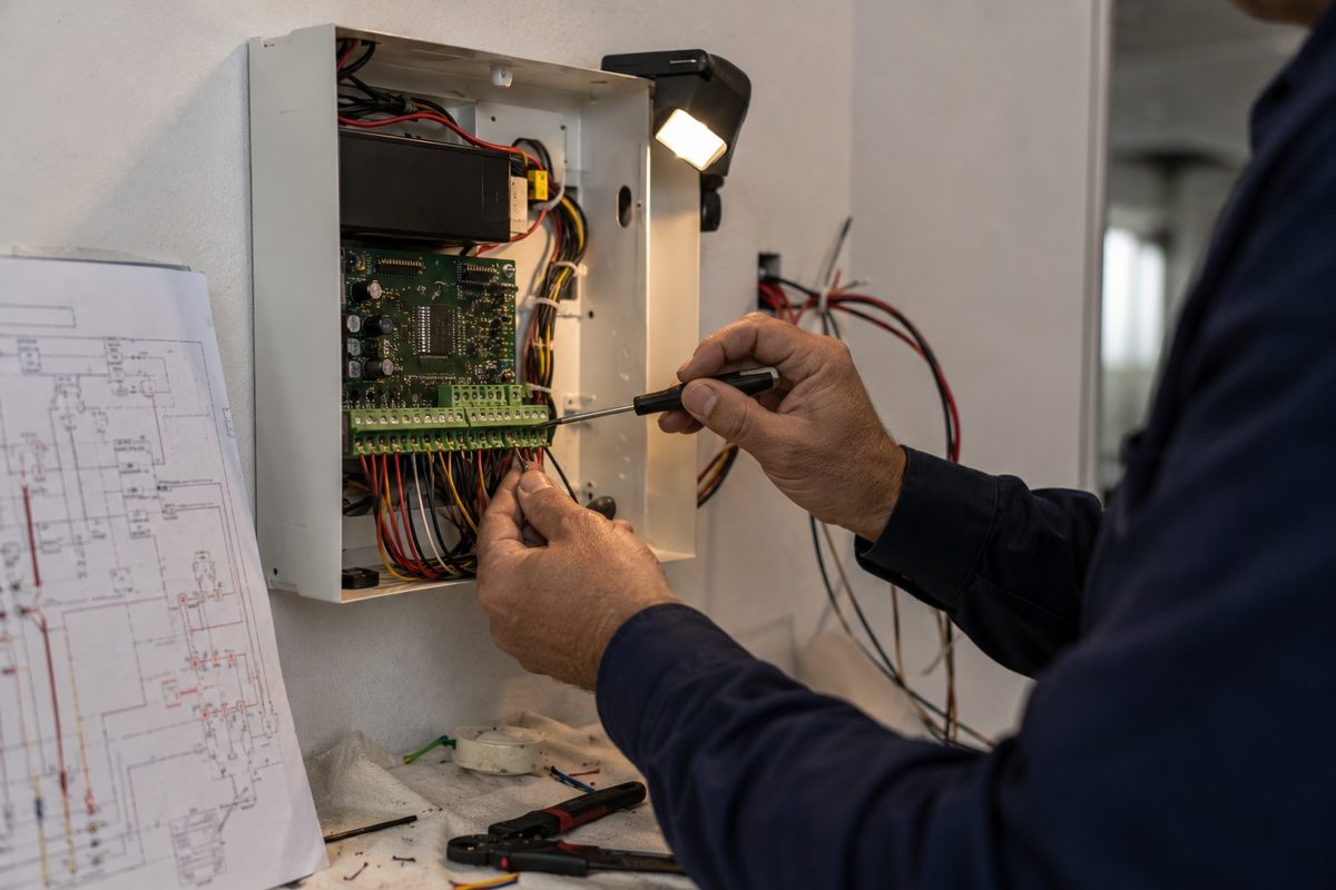 Tecnico SAREM al lavoro su una centrale d'allarme